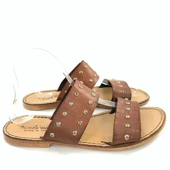 niccolo vacari womens sandals 10 brown Italian leather straps studded slides - Picture 3 of 12